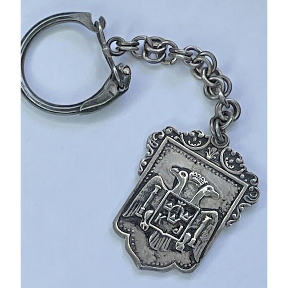 Ornate Antique Sterling Silver Keychain Double Headed Bird Crest & Woman Figure